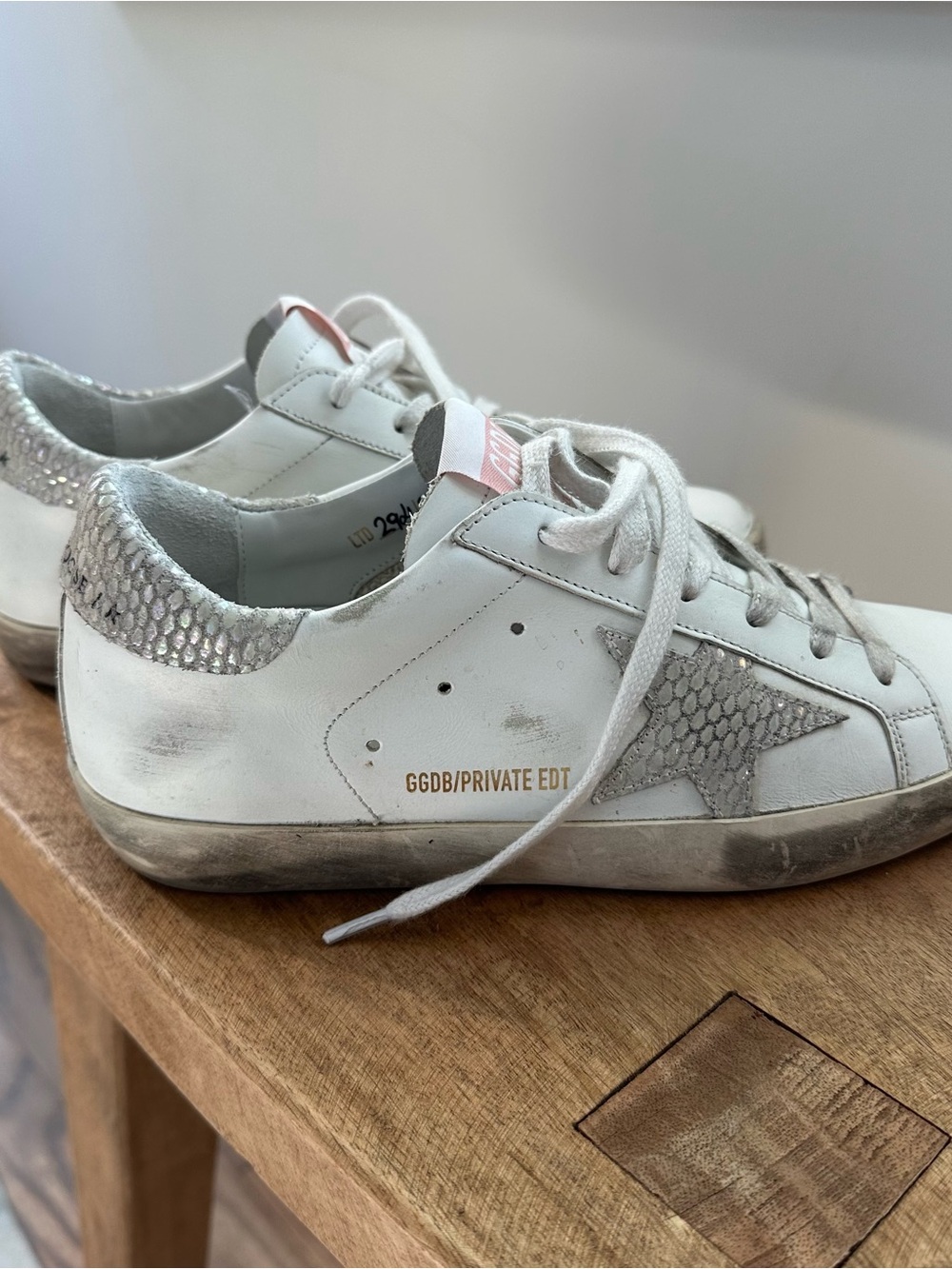 Golden Goose White Leather Sneakers with Silver Python-Print Heel and Star